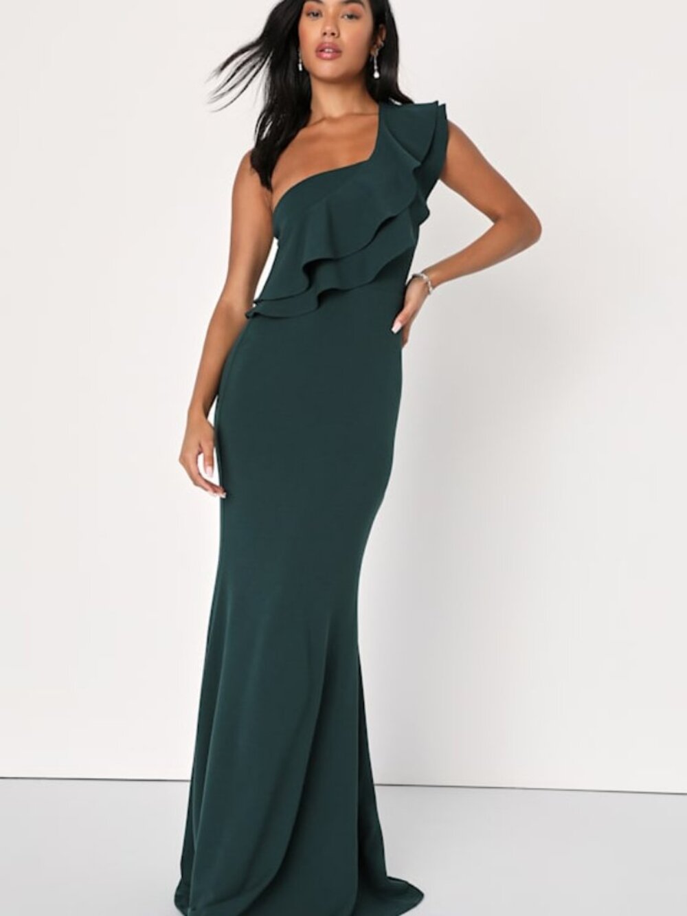 Lulus Grand Beauty Emerald Ruffled One-shoulder Mermaid Maxi Dress Green